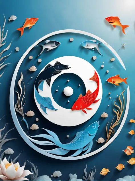 simple and small ying-yang picture with a boat and fish in the middle of ying-yang, one fish and one boat, clear picture, best quality picture, logo style picture, nice colors, not complicated picture.  