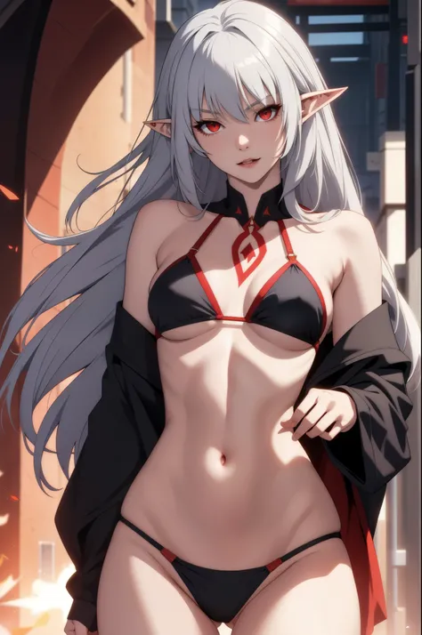 alice,vampire,grey hair, long hair, red eyes, pointy ears, small breasts,((bikini))
