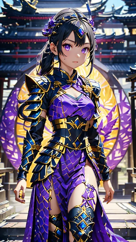 A beautiful purple thunder dragon goddess wearing samurai knight armor, Woman like keqing and raiden shogun from genshin impact game, she has beautiful purple colored dual tone shinny silky smooth hair with high ponytail hair design, She has a headpiece ma...