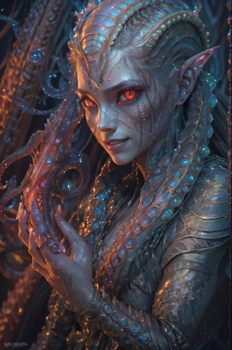 scary and sexy detailed art in color, portrait, (beautiful and obscene female alien:1.4), (vulgarity1.5), (she has red eyes with...