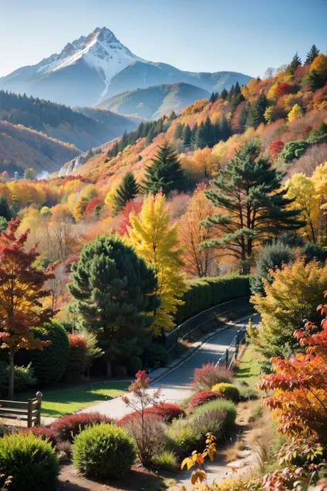 Garden full of autumn colors，red leaves like fire，The forest  dyed，The mountains in the distance show dreamlike colors in the sun。