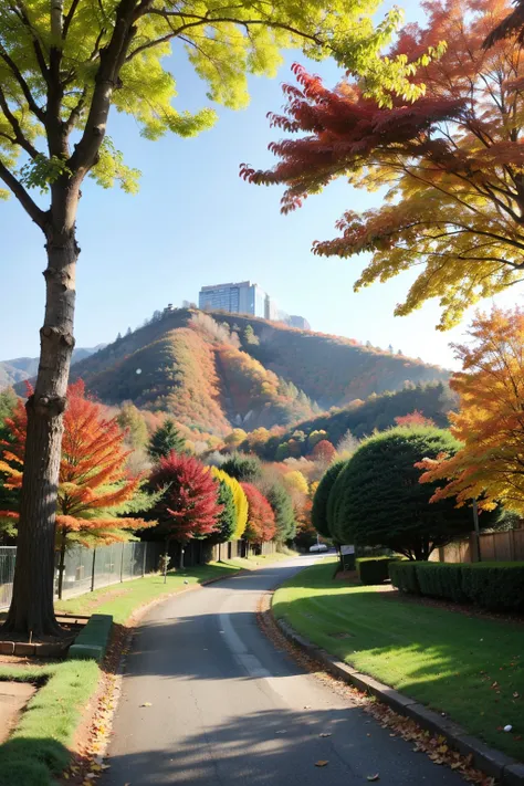 Garden full of autumn colors，red leaves like fire，The forest  dyed，The mountains in the distance show dreamlike colors in the sun。