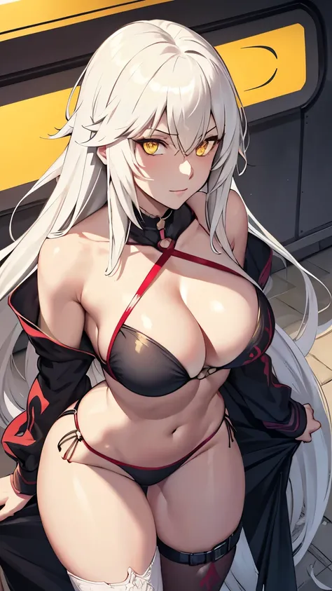 summer_jalter, yellow_eyes, long hair, mature,   single thighhigh, white hair, thigh strap,  bikini, 1girl, solo, closeup