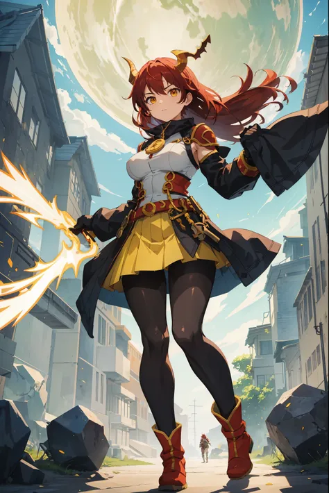 Ogre girl, a horn on her forehead, muscular body, long legs, red hair, yellow eyes, boots, combat gloves, runes on her body, battle clothes, 8k, hd, masterpiece, many details, perfect contours, white background, full body