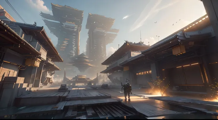 Oriental science fiction，平行时空的中国future城市，Super  Chinese style roof，Sci-fi spliced wall，Science fiction complex，future，from《Cyberpunk 2077》oriental architecture，There are complex mechanical structures on the building，Industrial feel，warm sunlight，Nice skybo...