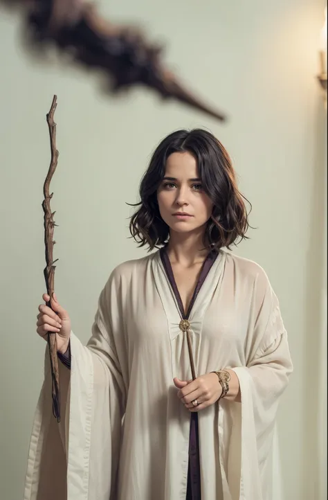 front Photo，Witches in magical movieirm expression，Katherine Waterston, 40（Katherine Waterston）witch as tina goldstein，Wearing wizard robes，standing in front of a white wall，Holding a magic wand high，sense of belief