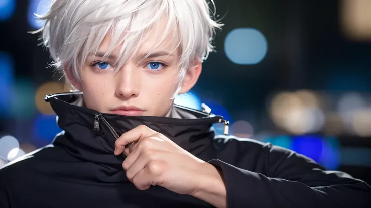 Realistic boy with white hair and blue eyes 