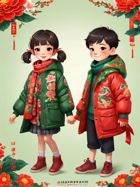 floral cloth poster design，2024 new year greetings poster design，（close-up of cute human zodiac dragon and chinese little boy an...