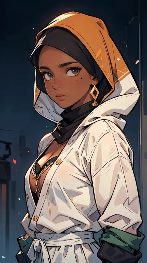 cleavage, 1 girl, (dark brown skin tone:1.4), very short hair, black eyes colour, mole down the right eye, Muslim clothes, hijab, Cold expression, depressed, dominant aura, (high quality, masterpiece, extremely detailed:1.2), (Realistic, photorealistic:1.2...