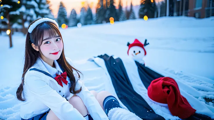 Cute high school girl 18 years old in miniskirt uniform、The background is a snowman