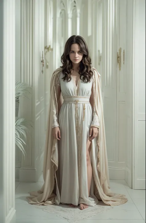 front Photo，Witches in magical movies，head down，firm expression，Katherine Waterston, 40（Katherine Waterston）witch as tina goldstein，Wearing wizard robes，standing in front of a white wall，sense of belief