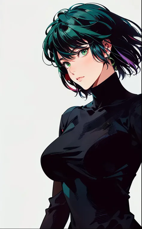 a close-up of a person wearing a black shirt and green hair, tatsumaki from one punch man, fubuki, æon flux style mix, by kentar...