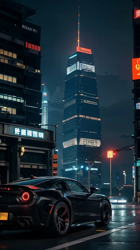 Sport car on the road, black color, tail light on, corner view fogus on car, Futuristic tower and building, cyberpunk city building and light, neon light, Shanghai, china, cyber city background with neon light, high details, 8k quality, masterpiece, no one