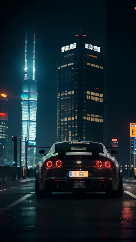 Sport car on the road, black color, tail light on, corner view fogus on car, Futuristic tower and building, cyberpunk city building and light, neon light, Shanghai, china, cyber city background with neon light, high details, 8k quality, masterpiece, no one