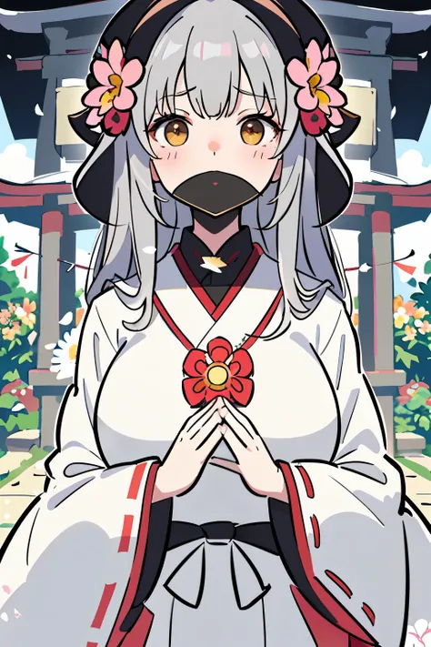  (highest quality), (Super detailed), (whole body: 1.2), 1 girl,cute, (complicated expression),sharp and serious face,(hard-working face),(A colorful and cute flower garden:1.3),(Priestesss clothes:1.5),blush,(gray hair:1.3),(brown eyes:1.2),(Long fluffy h...