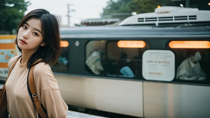 Cinematic Photo of a beautiful korean fashion model bokeh train