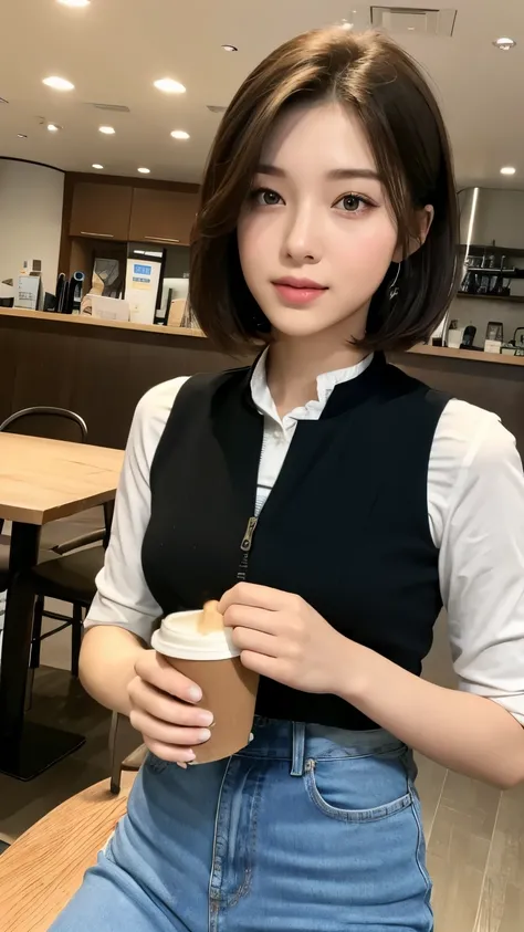 (realistic、high resolution:1.3)、1 girl with perfect body、The face shape and eyes are super thin、short hair、Vest:1 color random.2、short jeans、In the café、coffee on the table、huge