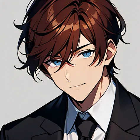 The face of a male detective in a suit with bright chestnut hair who looks obedient and energetic.