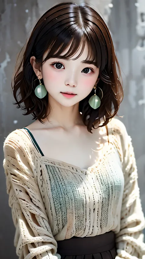 Portrait、master piece:1.3、one girl、Upper body、upper body、baby face、natural look、Very cute、brown hair、detailed eyes、short bangs、short bob、small red earrings、plump lips、no makeup、green clotheocus on face、highest quality、high resolution、Super detailed、High qu...