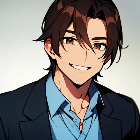 A cheerful-looking male detective in his 30s with brown hair.