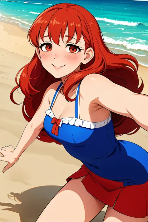 anime style, painting, absurderes、perfect anatomia、hani、long hair, beach on the background, red blush, smile, redhead, red hairs...