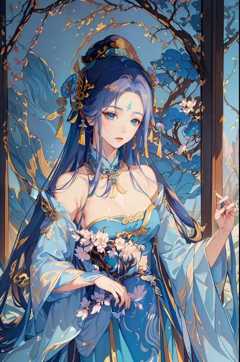 Franco-German image of a woman in a blue dress, beautiful fantasy queen, palace ， A girl wearing Hanfu, ((Beautiful fantasy emperor body fairy, Inspired by Lan Ying, Inspired by Qiu Ying, Inspired by Ma Yuanyu, Inspired by Tang Yifen, Inspired by Li Meihu,...