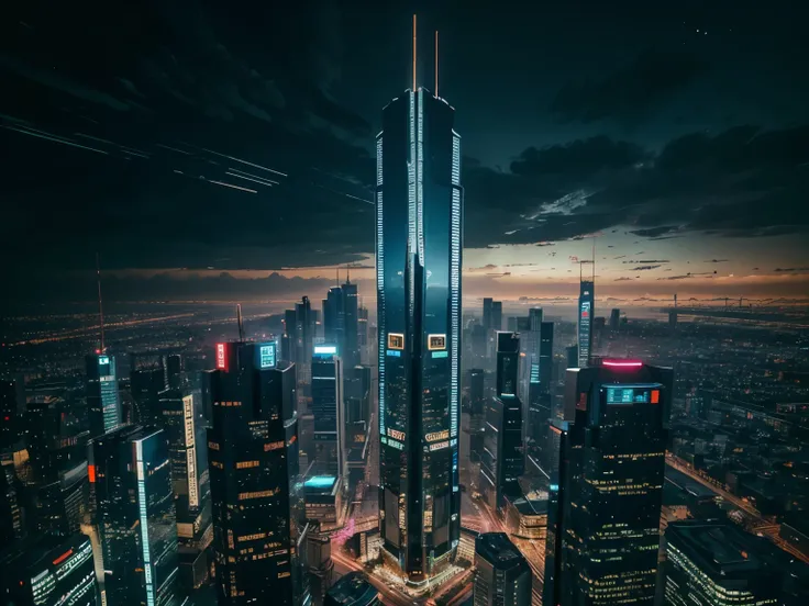 futuristic building, cyberpunk, tallest building, sky view, neon light from building, 8k quality, masterpiece, no one 