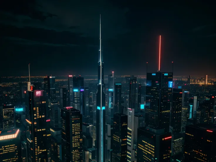 futuristic building, cyberpunk, tallest building, sky view, neon light from building, night time, 8k quality, masterpiece, no one 