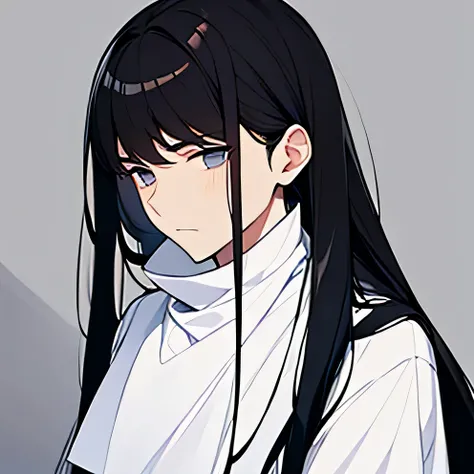 The face of a melancholy young man with long black hair wearing a white cassock