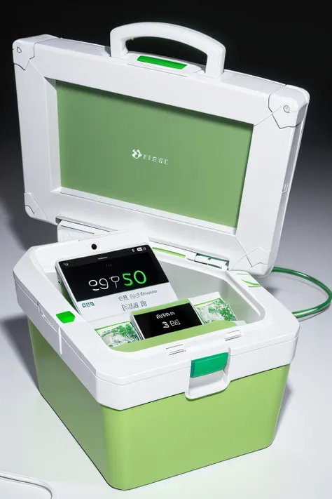 White and green smart medicine box， and stylish，sense of technology，Has a smart screen