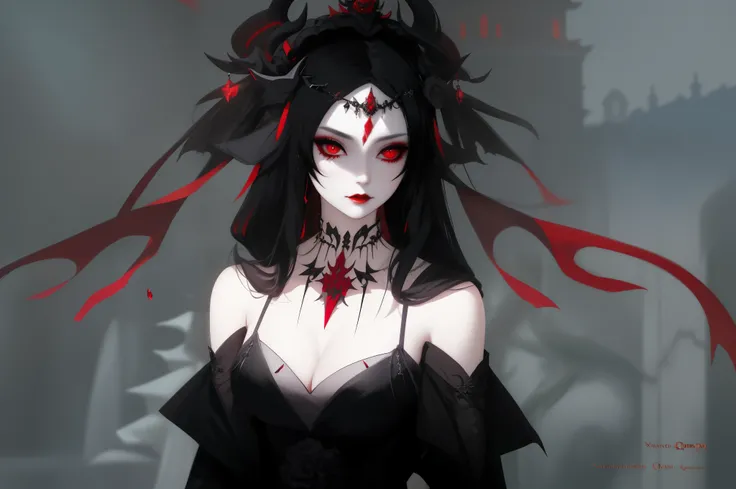 There&#39;s a guy in a black dress、woman wearing red headdress, Beautiful and elegant demon queen, White Horned Queen Demon, ((beautiful fantasy queen)), beautiful fantasy queen, neo-gothic, Brutal Korean Goth Girl, Beautiful Necromancer, gothic shoujo ani...