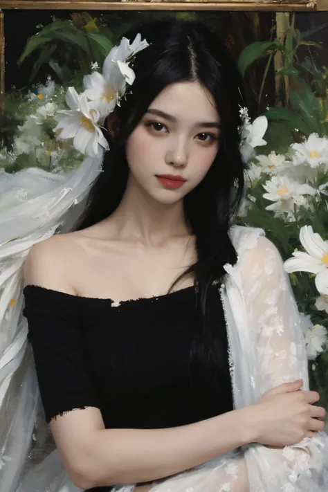  (oil painting:1.5),

a woman with long black hair and white flowers in her hair  laying down in a field of white flowers, (amy sol:0.248), (stanley artgerm lau:0.106), (a detailed painting:0.353), (gothic art:0.106)