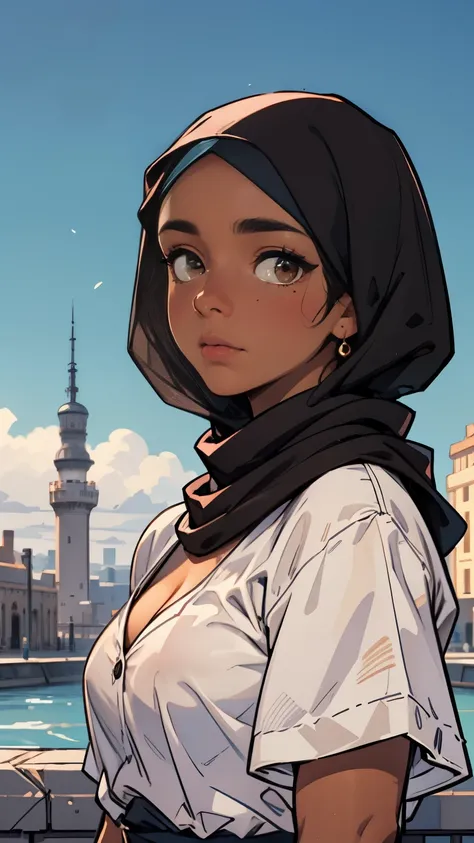 cleavage, 1 girl, (dark brown skin tone:1.4), very short hair, black eyes colour, mole down the right eye, Muslim clothes, hijab, Cold expression, depressed, dominant aura, (high quality, masterpiece, extremely detailed:1.2), (Realistic, photorealistic:1.2...