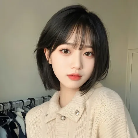 黑色short hair和毛衣的菲德亚洲女人, short hair, urzan, 🤤 girl portrait, short hair with bangs, 年轻cute korean face, she has black hair，have b...