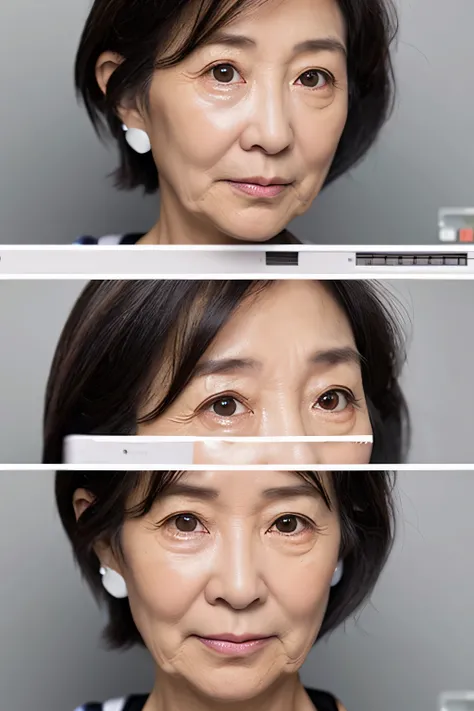 Upward glance, crying, troubled face, lowered eyebrows, gray background, wrinkles on face, wrinkles, natural skin texture, Japanese woman, 55 years old, close-up of face, wrinkles at corner of eyes, double folds, used to be an idol, cute, short cut hair wi...