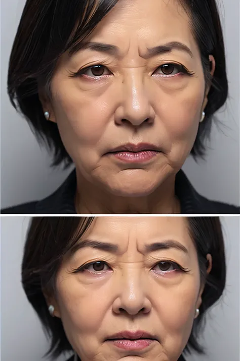 Looking at camera, frontal view, severely droopy eyelids, crying, troubled face, lowered eyebrows, gray background, wrinkles on face, wrinkles, natural skin texture, Japanese woman, 60 years old, close-up of face, wrinkles at corner of eyes, double folds, ...