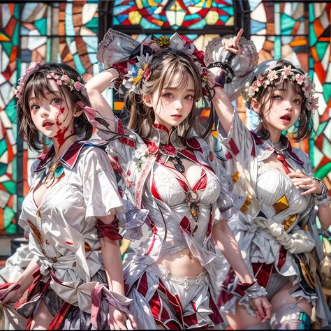 White and Red, Masterpiece, (physically-based rendering with ultra-detailed, (realistic and (photorealistic:1.37) with touch of rawness), Acutance:0.8) . A group of KAWAII girls in school uniform with full opened Cleavage . (((extremely detailed KAWAII fac...