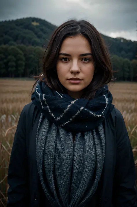 a girl standing in a field with a scarf, in the style of dark and brooding designer, voluminous mass, photo bash, cinematic, serene faces, jagged edges, navy, natural beauty --ar 69:128 --stylize 750 --v 6