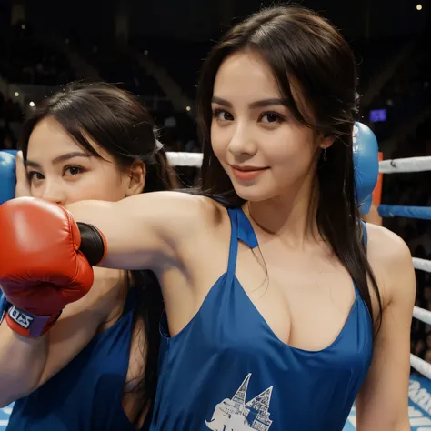 A girl  having a boxing match，Knocked out a girl。