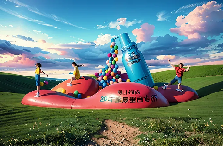 giant installation art，colorful bobo ball，huge elastic material，几个人在蹦蹦跳跳，blue sky，baiyun，masterpiece，c4d，oc renderer，high qualit...