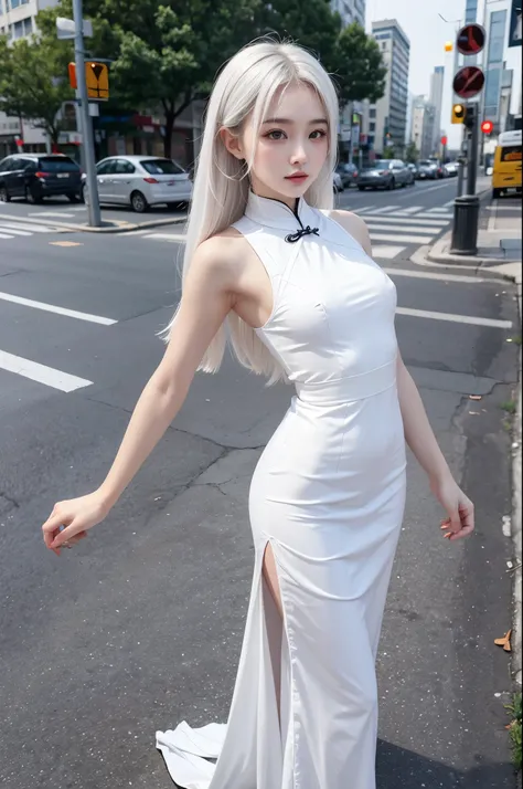 beautiful girl in qipao with white skin, very small breasts, white hair down to the ground stands on the street in a sexual pose