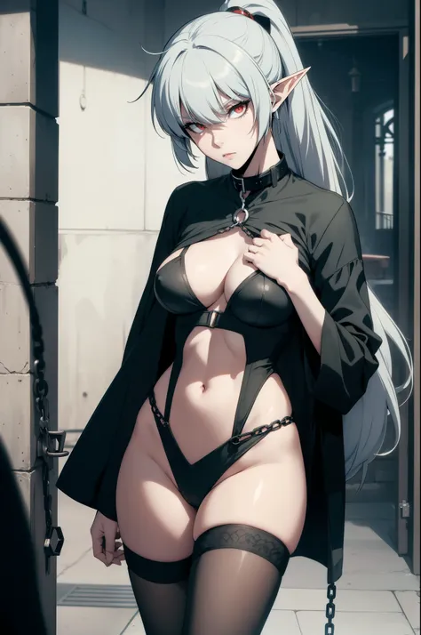 alice,vampire,grey hair, long hair, red eyes, pointy ears, small breasts,, green hair, long hair, hair ornament, large breasts, green eyes,sideboob, ponytail, detached sleevereasts, cleavage:0.7), (thighhighs, knee:0.85) cum, cum on body, trembling, indoor...