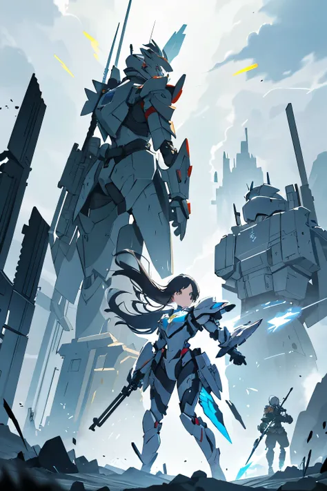 A girl wearing armor like a mobile suit、Illustration of an aggressive attack in a fantasy action scene。The girl looks like a part of a mobile suit、30 with weight on shoulders and hips％adorned with armor of、70％The form of looks like a human。The head has a s...