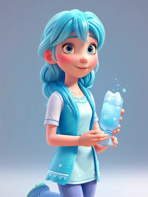 3d art like "frozen", a girl with light blue hair, is holding a lemonade glass by her hand