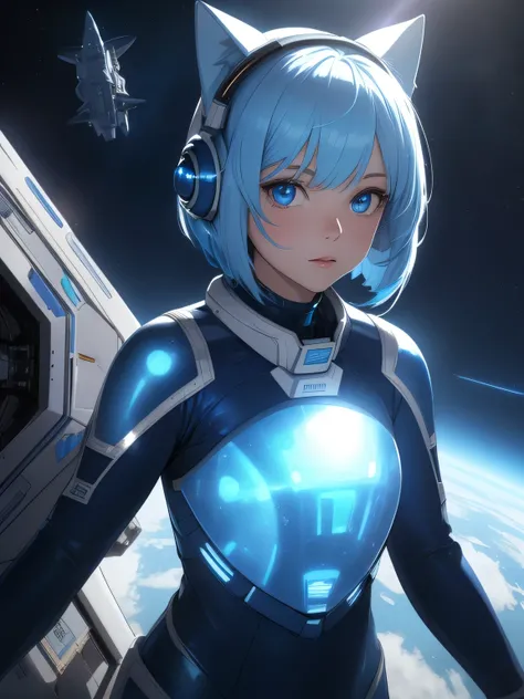 (8k, HDR, RAW photo, best quality, masterpiece:1.2, realistic lighting), Overhead view, Dynamic angle, girl on the spaceship, solo, (thin face), realistic beautiful face, very detailed face, poker face, (bob cuts hair), ((sky blue hair)), path traced hair,...