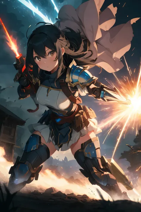 A girl wearing armor like a mobile suit、Illustration of an aggressive attack in a fantasy action scene。The girl looks like a part of a mobile suit、30 with weight on shoulders and hips％adorned with armor of、70％The form of looks like a human。The head has a s...