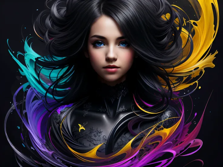 Colorful beautiful black girl: 28-years old, messy hair, oil painting, nice perfect face with soft skin, nice perfect face, blue yellow colors, light purple and violet additions, light red additions, intricate detail, splash screen, 8k resolution, masterpi...