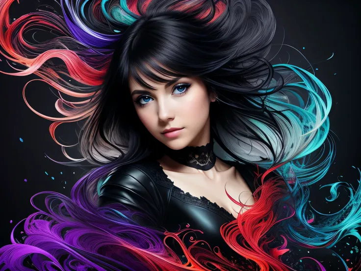 Colorful beautiful girl: 28-years old, messy hair, oil painting, nice perfect face with soft skin, nice perfect face, blue yellow colors, light purple and violet additions, light red additions, intricate detail, splash screen, 8k resolution, masterpiece, c...