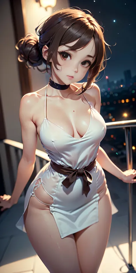 ((anime, estilo Anime profesional, A fair-skinned young woman with waist-length dark brown hair and brown eyes. Ella es descrita como una chica muy linda y atractiva, (Balcon en la noche y vestido de noche magico corto y ajustado), muestra la cadera, pose ...