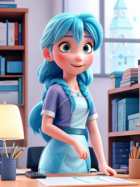 3D art like "Frozen", one girl with light blue hair, is working alone in a office